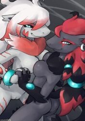 2026 4_fingers absurd_res anthro anthro_on_anthro areola biped black_sclera blue_eyes breast_squish breasts breasts_frottage butt claws clenched_teeth digital_drawing_(artwork) digital_media_(artwork) duo female female/female finger_claws fingers front_view fur generation_5_pokemon generation_8_pokemon genitals grey_body grey_fur hair hand_holding hi_res high-angle_view hisuian_form hisuian_zoroark looking_at_viewer medium_breasts nintendo nude nude_anthro nude_female pokemon pokemon_(species) pokemorph rear_view red_hair red_stripes regional_form_(pokemon) sealer4258 simple_background smile squish standing striped_body striped_fur stripes teeth vulva white_hair zoroark