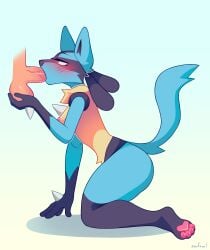 absurd_res anthro awfawl balls blush breasts canid canine disembodied_penis fellatio female female_anthro generation_4_pokemon genitals hi_res humanoid_genitalia humanoid_penis kneeling lucario male mammal medium_breasts mostly_offscreen_character mostly_offscreen_male nintendo nipples nude open_mouth oral pawpads paws penile penis pokemon pokemon_(species) saggy_balls sex simple_background surprised throbbing throbbing_penis wide_hips