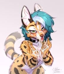 absurd_res anthro big_ears bodily_fluids cum cum_in_mouth cum_inside cum_on_face cum_on_hand cum_on_tongue cum_string felid feline female genital_fluids green_eyes hannah_(warest) hi_res inner_ear_fluff looking_at_viewer mammal nude serval solo sparkling_light spots stripes tongue tongue_out tuft