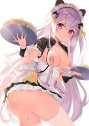 1girls animal_ears ass breasts breasts_out exposed_breasts hair_ornament highres hourei_tenten indie_virtual_youtuber long_hair maid maid_apron maid_headdress maid_outfit maid_uniform medium_breasts nekomimi nipple_slip nipples no_bra nopan omelet_tomato open_shirt silver_hair skirt_lift straight_hair thighhighs waitress wet white_hair