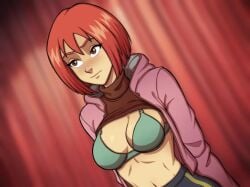1girls 2026 bra brown_clothing clothes_lift disney female_only female_protagonist game_cg green_bra jacket large_breasts light_skin long_sleeves no_ai pink_clothing red_hair shirt_lift short_hair solo somka108 teenager w.i.t.c.h. will_vandom young