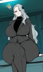 1girls ai_generated big_breasts breasts brown_eyes crossed_legs curvy grey_hair huge_breasts long_hair looking_at_viewer persona persona_5 sae_niijima sitting thick_thighs thighs