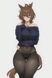 agnes_tachyon_(umamusume) ai_assisted ai_generated brown_hair horse_ears horse_girl horse_tail large_breasts looking_at_viewer panties_under_pantyhose pantyhose red_eyes smiling_at_viewer sweater thick_thighs umamusume