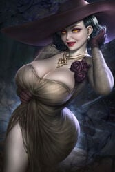 1girls alcina_dimitrescu big_breasts breasts capcom cleavage female female_only flirty fully_clothed hourglass_figure huge_breasts large_breasts licking_lips looking_at_viewer neoartcore realistic resident_evil resident_evil_8:_village solo solo_female vampire vampire_girl