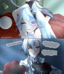 3d 3d_(artwork) arlecchino_(genshin_impact) black_and_white_hair blue_hair dirty_talk female/female female_on_bottom female_on_top furina_(genshin_impact) genshin_impact holding_wrists lesbian lesbian_sex mixaoceo00 punishment sex short_hair wrists_held yuri