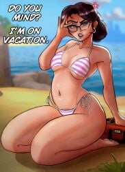 1girls adjusting_eyewear anger_vein barefoot beach bikini breasts day glasses gooseyteeth green_eyes medium_breasts miss_pauling navel ocean outdoors semi-rimless_eyewear short_hair side-tie_bikini solo striped striped_bikini swimsuit tagme team_fortress_2 tf2 thick_thighs thighs under-rim_eyewear underboob valve
