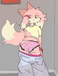 anthro bedroom_eyes bracelet chelsea_(millislushi) clothed clothing dipstick_tail ear_piercing eyelashes facial_tuft female female_only fluffy_tail fox fox_girl furry imminent_sex long_hair looking_at_viewer millislushi panties pants pants_down pink_fur shirt smile tail yellow_eyes