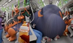 3d_(artwork) absurd_res anthro baby_bottle balls big_balls big_bulge big_penis bulge canid canine charizard chillet detailed_bulge digital_media_(artwork) dragon expansion female generation_1_pokemon genital_expansion genital_outline genitals group hi_res huge_balls huge_bulge huge_penis hyper hyper_balls hyper_bulge hyper_genitalia hyper_penis male mammal mythological_creature mythological_scalie mythology nintendo pal_(species) palworld penis penis_expansion penis_outline pocketpair pokemon pokemon_(species) public_transportation rapid_transit scalie size_difference squish tooeks train two_panel_image vehicle