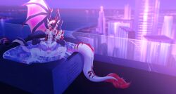absurd_res anthro breasts city dragon duo female feral hi_res hot_tub knot male male/female mythological_creature mythological_scalie mythology non-mammal_breasts piercing scalie sex sex_in_water vaginal veegrasshopper wings