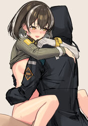 1boy 1girls ambiguous_penetration arknights blush breasts doctor_(arknights) earring happy happy_sex hugging legs lotus_position magallan_(arknights) multicolored_hair open_mouth sex short_hair sigm@ sitting smile straight sweat sweater sweater_lift tears uniform wholesome yellow_eyes