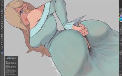 1girl aqua_dress artist_name ass ass_focus bare_shoulders blonde_hair blue_dress blue_eyes breasts cake__heaven clothing dress earrings female from_behind grey_background hair_over_one_eye huge_ass jewelry large_breasts lips long_dress long_hair long_sleeves looking_at_viewer looking_back off-shoulder_dress off_shoulder one_eye_covered rosalina simple_background solo star_(symbol) star_earrings