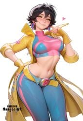 1girl ai_generated artist_name bangs belt black_hair blue_pants blush breasts closed_mouth coat crop_top earrings fingerless_gloves gloves hair_between_eyes hand_on_hip heart jacket jewelry jubilation_lee jubilee large_breasts long_sleeves looking_at_viewer marvel marvel_rivals medium_breasts midriff navel nuageeart open_clothes open_coat pants sensitive shirt short_hair simple_background smile solo white_background x-men yellow_eyes yellow_gloves