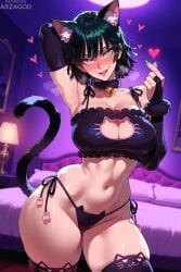 1girl ai_generated arzagod big_breasts black_gloves black_hair black_lingerie black_stockings blush cat_lingerie fubuki_(one-punch_man) green_eyes green_hair large_breasts one-punch_man perfect_legs short_hair tagme thick_thighs