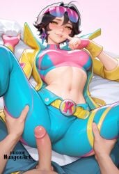 1boy 1girl ai_generated artist_name bed_sheet belt biting black_hair blue_pants blush breasts crop_top earrings erection explicit eyewear_on_head finger_biting finger_to_mouth fingerless_gloves gloves hair_between_eyes hetero jacket jewelry jubilation_lee jubilee lip_biting lips looking_at_viewer lying marvel marvel_rivals medium_breasts midriff navel nuageeart on_back open_clothes open_jacket pants parted_lips penis pov short_hair smile solo_focus spread_legs sunglasses sweat thigh_grab tinted_eyewear uncensored x-men yellow_eyes yellow_jacket