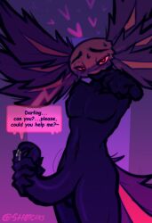 amphibian anthro aquatic axolotl begging big_penis blush bodily_fluids english_text genitals heart_eyes heart_symbol hi_res human in_heat kinito leaking looking_at_viewer male mammal mole_salamander penis salamander solo sweat tapering_penis text unknown_artist