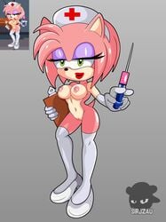 absurd_res amy_rose anthro bimbo breasts clothing eulipotyphlan female fur genitals green_eyes hair half-closed_eyes hat headgear headwear hedgehog hi_res humanoid mammal narrowed_eyes nipples nude nurse nurse_clothing nurse_hat nurse_headwear pink_body pink_fur pink_hair project_x_love_potion_disaster pussy reference_image sega sirjzau solo sonic_(series) sonic_the_hedgehog_(series) video_games