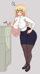 1girls angry belka_dog blonde_hair boobs breasts cleavage clothed clothing cuccoking female fully_clothed glasses human long_hair office pale_skin pencil_skirt printer solo sound_effects standing thick_thighs thighhighs wide_hips