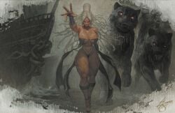 1girl animal big_breasts black_panties breasts cleavage dark-skinned_female dark_skin dreadlocks fangs female_focus glowing glowing_eyes grey_hair hair_bun huge_breasts ickpot large_breasts mature_female navel octopath_traveler octopath_traveler:_champions_of_the_continent octopath_traveler_0 octopath_traveler_i outstretched_arm oversized_animal panties revealing_clothes sandals single_hair_bun square_enix tagme_(character) thick_thighs thighs thong thong_panties toned toned_female underboob underwear villainess voluptuous_female wide_hips