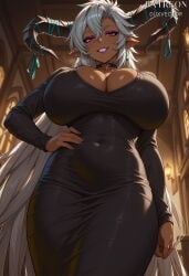 1girl ai_generated artist_name black_choker black_dress black_horns blush breasts choker cleavage clothing covered_navel curvy dark-skinned_female dark_skin dongtan_dress dragon_horns dress duxvector earrings fangs fediel_(granblue_fantasy) female fingernails from_below granblue_fantasy grey_hair grin hair_between_eyes hand_on_own_hip horn_ornament horns huge_breasts indoors jewelry large_breasts long_hair long_sleeves looking_at_viewer looking_down makeup mature_female mole mole_on_breast patreon_username pointy_ears purple_eyes purple_nails ribbon smile solo standing taut_clothes taut_dress teeth thighs tight_clothes very_long_hair