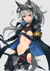 1girls accidental_exposure animal_ears areolae arknights blush breasts choker covered_nipples covering embarrassed exposed_breasts grani_(arknights) grey_hair hair_between_eyes helmet long_hair navel nipples open_mouth purple_eyes sigm@ small_breasts solo_female tears uniform