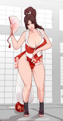 1girls big_breasts brown_eyes brown_hair cleavage clothing eyelashes female female_only full_body hand_fan hi_res high_ponytail king_of_fighters long_hair looking_at_viewer mai_shiranui narrowed_eyes nofuture pink_lips smiling smiling_at_viewer snk solo thick_thighs wide_hips