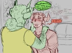 2boys before_sex boombox_(phighting) chubby_male consensual facial_hair flat_colors gay horns hypnosis hypnotic_eyes hypnotic_visor hypnotized impending_sex inphernal nervous panting phighting piercings simple_background skateboard_(phighting) sweating text text_bubble twink