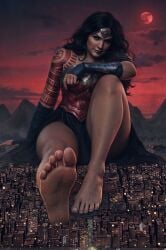 absolute_dc absolute_wonder_woman ai_generated arm_bracers armor barefoot full_armor giantess micro_city red_sky tattooed_arm tiara