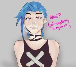 arcane arcane_jinx azazelinp blue_hair braids clothed covered_in_cum cum_on_face cum_on_upper_body facial jinx_(league_of_legends) lewd long_hair no_penetration pigtails pink_eyes purple_eyes smiling smirking suggestive