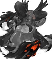 3_toes abs alien anthro anthrofied black_body bodily_fluids claws creatures_of_sonaria erection feet fropopipo genitals hi_res humanoid_genitalia jerry_(creatures_of_sonaria) lying male multi_eye muscular muscular_anthro muscular_male nude on_back penis red_eyes roblox simple_background solo sweat tail toes unknown_species white_background