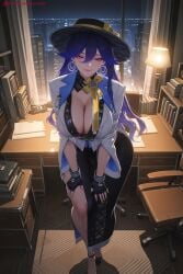 1girl ai_generated bangs black_gloves breasts cleavage desk earrings fingerless_gloves gloves hat hi_res high_quality high_resolution indoors jewelry kiraamane long_hair looking_at_viewer lucilla_(wuthering_waves) patreon purple_hair seductive sexy smile solo uncensored watermark wuthering_waves