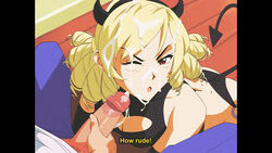 1boy 1girls annoyed blonde_hair cleavage cleavage_cutout cum cum_on_closed_eye cum_on_face cum_on_hair devil_horns devil_tail dialogue dirtyero_(artist) faceless_male facial fake_screenshot female female_focus frown male one_eye_closed open_mouth original original_character penis pillarbox red_eyes retro_artstyle revealing_clothes solo_focus straight subtitled text vhs_filter