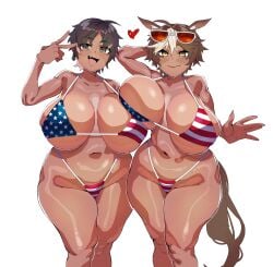 2girls american_flag_bikini bikini bon_(vtuber) dark-skinned_female dark_skin female female_only flag_bikini flag_print indie_virtual_youtuber large_breasts makinakid umari_tomoe virtual_youtuber vtuber