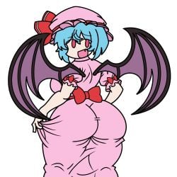 1girl ass bat_wings blue_hair bow dress fang from_behind hat hat_bow huge_ass large_breasts literal_alguien mob_cap open_mouth pink_dress pink_eyes pink_hat puffy_short_sleeves red_bow remilia_scarlet short_hair short_sleeves simple_background smile solo thick_thighs touhou white_background wings