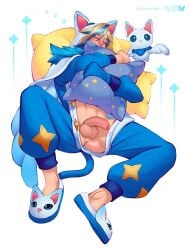 1boy artist_name big_ass big_balls big_penis blonde_hair blue_hair color colored ezreal half-erect hugging_pillow lawwclair laying_on_back league_of_legends legs_apart legs_spread light-skinned_male light_skin male male_only multicolored_hair official_alternate_costume on_back onesie onesie_open pajama_guardian_ezreal pajama_guardian_series pajamas partially_clothed partially_clothed_male penis_out simple_background sleeping slippers solid_color_background solo_male star_guardian_series white_background