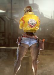 1girls 3d 3d_(artwork) alien alien_girl ass big_ass bubble_butt cindy_aurum_(cosplay) clothing cropped_jacket daisy_dukes fat_ass female female_only final_fantasy final_fantasy_xv jacket large_ass looking_at_viewer looking_back mass_effect mechanic rear_view rodler-h8 shorts solo thick_ass thick_thighs turian wide_hips