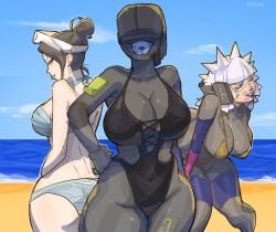 2d 2d_(artwork) 3girls beach bikini blackbird_(marathon) bungie female female_focus female_only glitch_(marathon) gold_bikini marathon_(bungie) recon_(marathon) swimsuit thief_(marathon) vandal_(marathon)