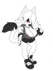 areola_slip black_eyeshadow black_fur black_lipstick booty_shorts clothing fang feline female fingerless_gloves grey_hoodie huge_breasts long_eyelashes long_nails mobian_(species) necklace original_character plain_background ravrous red_eyes sega simple_background smile solo sonic_(series) spiked_wristband thick_lips v_sign white_background white_fur white_hair