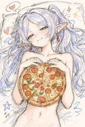 1girls artist_request bed completely_nude convenient_censoring covering covering_breasts elf elf_female female food food_on_body frieren frieren_beyond_journey's_end looking_at_viewer naked nude pizza seductive seductive_look solo sousou_no_frieren tagme