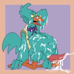 alien alien_humanoid animal_genitalia avian avian_humanoid avian_penis beak blue_body bob-jiggles chubby chubby_male cum cum_all_over cumming futurama hyper-chicken_(futurama) male obese obese_male penis tagme