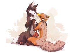 animal_genitalia anthro ash_(ashtailfox) balls canid canine closed_eyes collar digital_media_(artwork) duo erection fox frottage fur genitals hand_holding kieran_(noctisvulpes) kissing male male/male mammal nude penis reysi sex simple_background tongue