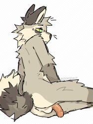 anthro backsack balls butt canid canine fox fur genitals green_eyes hi_res humanoid_genitalia humanoid_penis looking_away male mammal markings max_(rookspirit) penis perineum pink_penis rookspirit simple_background sitting solo striped_markings striped_tail stripes tail tail_markings tan_body tan_fur trans_(lore) trans_man_(lore)