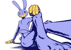 anthro balls bodily_fluids clothing crossed_legs dahurgthedragon drop_shadow foreskin genital_fluids genitals glitch_productions gloves grin handwear hi_res jax_(tadc) lagomorph leaking_precum leporid male mammal penis perspective precum rabbit sitting smile solo tail the_amazing_digital_circus throbbing throbbing_penis