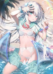 1girls beach bra breasts demon_girl demon_horns demon_tail demon_wings devil_girl devil_horns devil_tail devil_wings garter_belt garter_straps highres horns in_water lace lace_bra lace_panties long_hair lying lying_in_water lying_on_back lying_on_ground omelet_tomato original panties sailor_uniform school_uniform sea seifuku shirt_lift silver_hair skirt_down small_breasts straight_hair sunglasses sunglasses_removed wet white_hair wings wristband