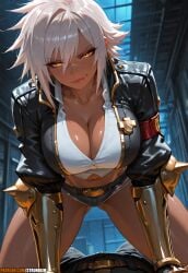 1boy 1girl ai_generated anime artist_name ass_visible_through_thighs assertive_female belt black_jacket blazblue breasts bullet_(blazblue) cleavage closed_mouth collarbone cutoffs dark-skinned_female dark_skin denim denim_shorts gauntlets girl_on_top hair_between_eyes hetero hi_res high_quality high_resolution highres indoors jacket large_breasts lips looking_at_viewer micro_shorts midriff navel orange_eyes patreon patreon_logo patreon_url patreon_username pov scar scar_on_face scar_on_nose shirt short_hair short_shorts shorts smile solo_focus strunikim thighs watermark white_hair white_shirt yellow_eyes