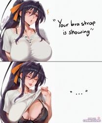 1girl 1girls ;p akeno_himejima big_breasts big_tits bra bra_strap bra_strap_is_showing_(meme) breast_focus breasts high_school_dxd himejima_akeno large_breasts lifting_own_clothes lips long_hair naughty_face open_mouth pink_eyes ponytail purple_eyes showing_breasts surprised surprised_expression tits tongue tongue_out voluptuous