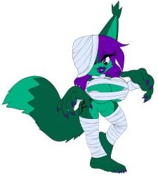 anthro areola_slip bimbo cleavage fang feet female fennec fox fox_ears fox_tail furry green_fur large_breasts long_eyelashes long_hair looking_at_viewer mobian_(species) mummy mummy_wrappings one_eye_covered original_character plain_background purple_eyes purple_hair purple_lipstick purple_nails pussy ravrous sharp_nails simple_background solo sonic_(series) thick_lips two-tone_fur white_background