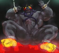 balls bara big_penis boner erection feet foot_fetish hades_(game) hades_(hades) hitenmaru male male_only muscles muscular musk nude penis solo solo_male spread_legs sweat sweating