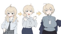 1girl 1girls age_progression ahoge blonde_hair blush fang highres huge_breasts id_card kms2605 lanyard looking_at_viewer multiple_views necktie original original_character ribbed_sweater school_uniform short_hair simple_background sweater teeth tired white_background