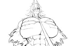 cat_ears cat_girl dark-skinned_female ghislaine_dedoldia greyscale milf muscular_female mushoku_tensei
