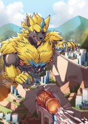 absurd_res anthro blue_eyes bodily_fluids car city cum cum_on_ground daru_brek destruction erection felid fur generation_7_pokemon genital_fluids genitals hi_res humanoid_genitalia humanoid_penis legendary_pokemon macro male mammal muscular muscular_male nintendo orgasm penetration penis pokemon pokemon_(species) tongue tongue_out tunnel vehicle yellow_body yellow_fur zeraora
